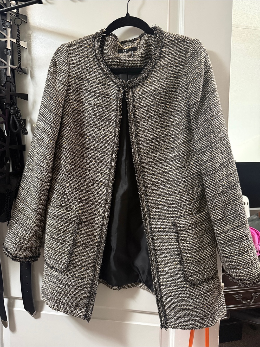 DKNY Classic Tweed Longline Jacket - Black & White